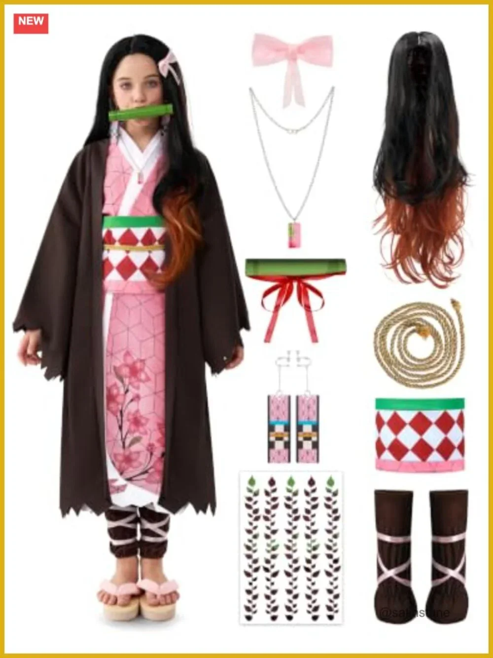 Kids Ninja Kimono Costume Set with Wig, Halloween Cosplay, Polyester, 10-12Y